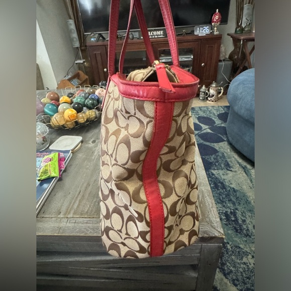 Coach 23465 Signature Canvas Weekend Zip Top Tote Bag Purse Handbag Red Khaki - Picture 4 of 16
